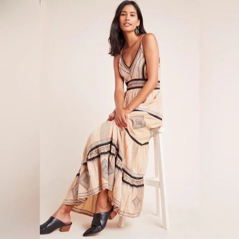 Anthropologie Robin Embroidered Maxi Dress size 4P Boho Summer Vacation Resort